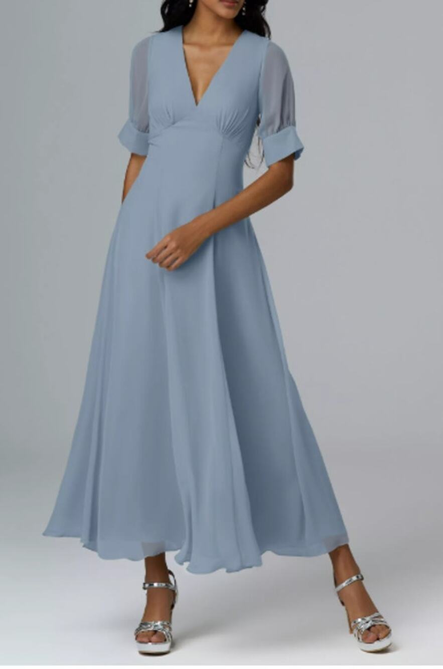 AW BRIDAL 4 S light dusty blue chiffon Sapphire bridesmaid maxi dress NEW b52